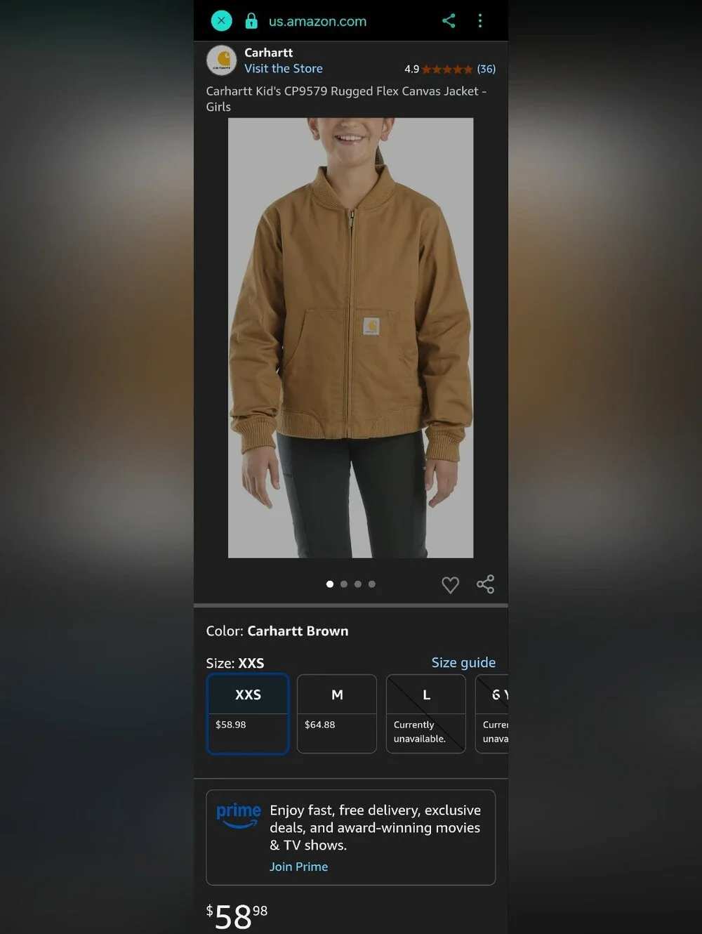 Carhartt Kids' Rugged Flex Brown Canvas Bomber Jacket
